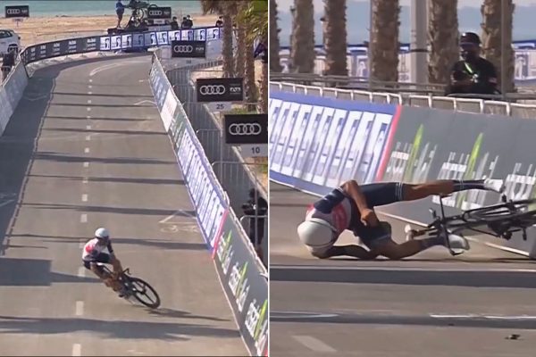 Video: Bizarný pád talianskeho cyklistu v cieli časovky na UAE Tour 2021