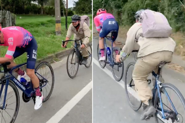  Video: Farmár s ruksakom sa zavesil za Rigoberta Urána počas jeho tréningu na časovke
