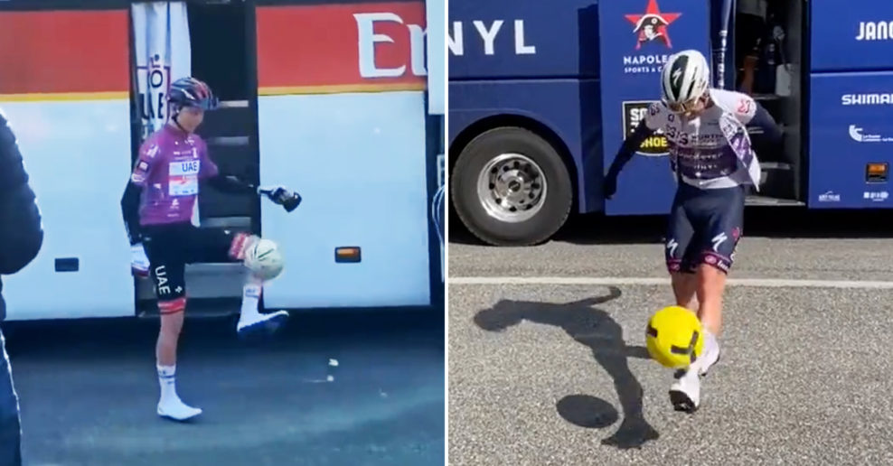 Video: Kto je lepší s futbalovou loptou? Tadej Pogačar alebo Remco Evenpoel?