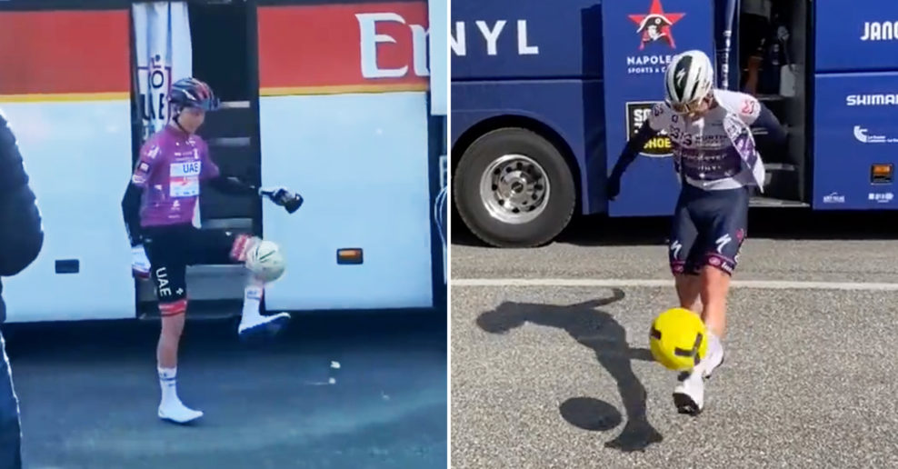 Video: Kto je lepší s futbalovou loptou? Tadej Pogačar alebo Remco Evenpoel?