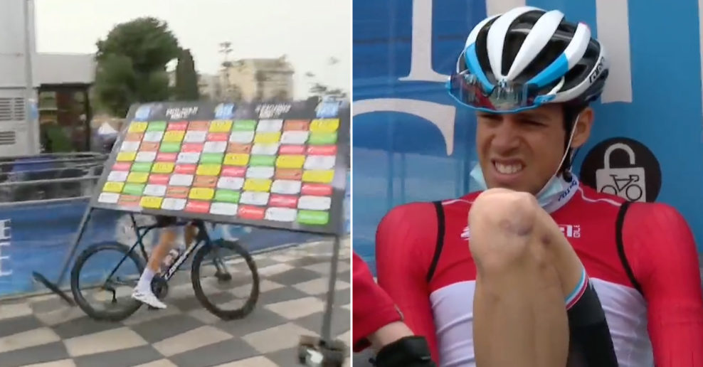 Video: Tesne pred štartom naňho padla reklamná tabuľa, luxemburský cyklista z pretekov odstúpil