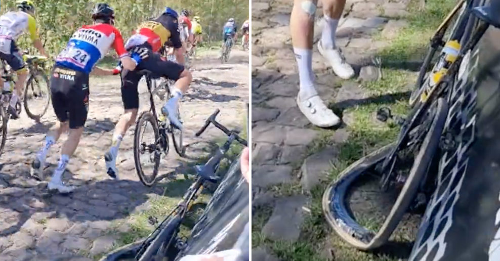 Video: Na dlažobn&yacute;ch kock&aacute;ch Par&iacute;ž-Roubaix sa zlomilo koleso aj Woutovi van Aertovi