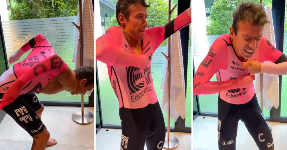 Video: Rigoberto Urán sa v komickom videu snaží napchať do obtiahnutej aero kombinézy