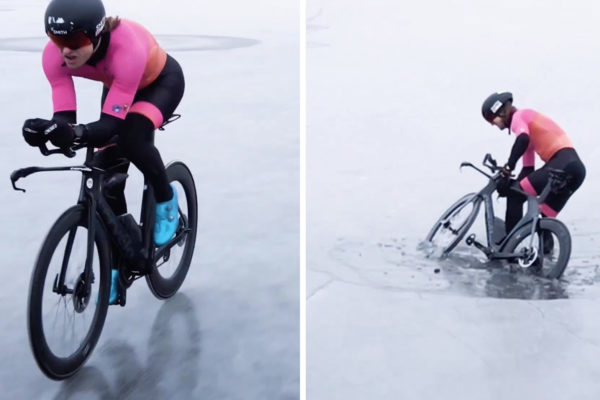 Video: Cyklista sa prepadol do jazera, keď skúšal jazdiť po tenkom ľade na časovke