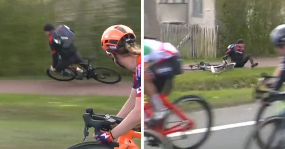  Video: Cyklista bez helmy skončil na zemi, keď sa snažil udržať tempo s pelotónom