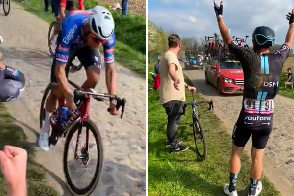 Video: Fan&uacute;&scaron;ik natočil moment, keď Mathieu van der Poel vytlačil a zhodil Johna Degenkolba