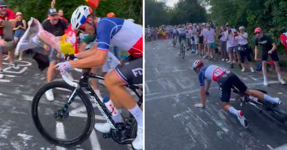 Video: Nezodpovedný divák s vlajkou spôsobil pád Valentina Madouasa na Tour de France