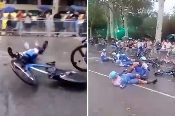 Video: Fanúšikovia natočili hromadný pád jazdcov Jayco AlUla počas časovky na Vuelte