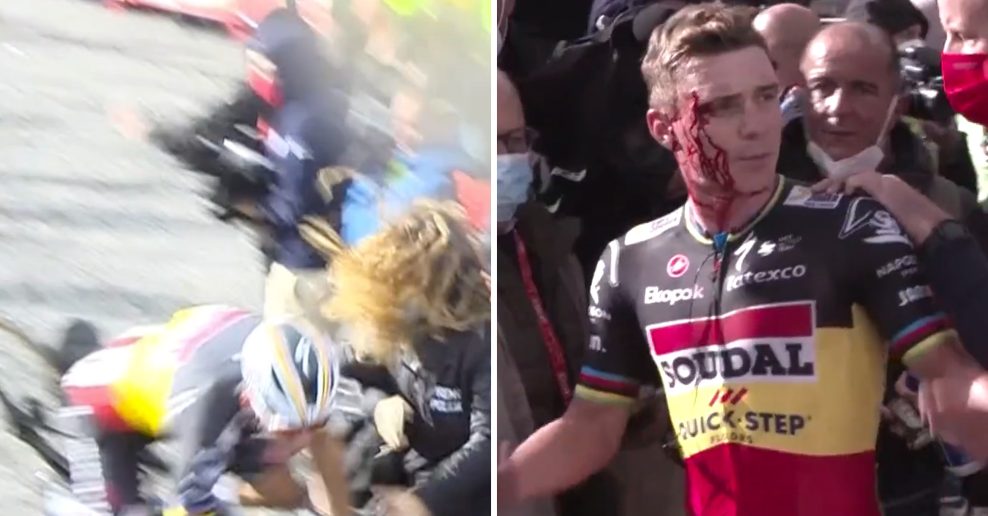 Video: Remco Evenepoel vrazil medzi ľudí a spadol na hlavu po víťaznom prejazde cieľom na Vuelte