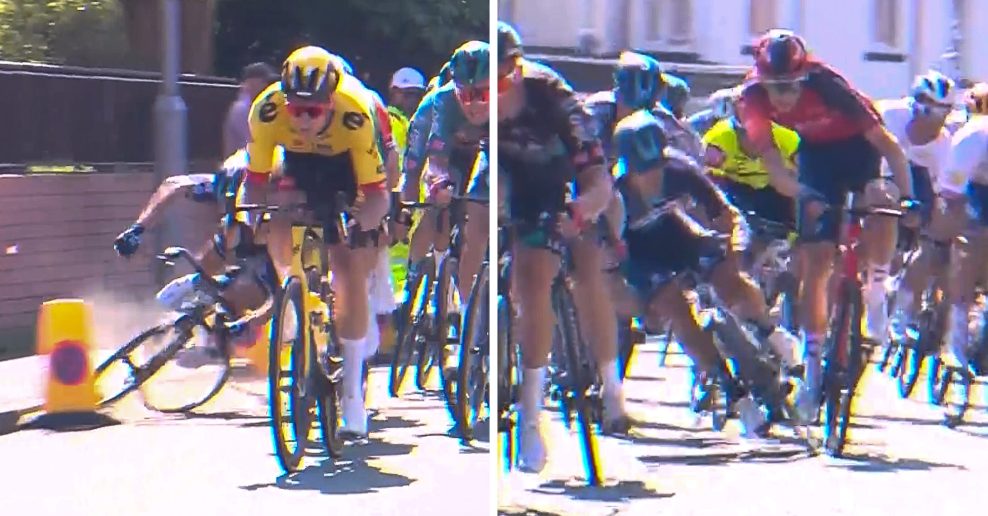 Video: Šprintér tímu DSM sa zázračne udržal na bicykli po hrozivom páde tímového kolegu