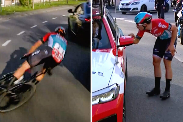 Video: Nahnevan&yacute; Arnaud De Lie vin&iacute; sprievodn&eacute; auto zo svojho p&aacute;du na pretekoch Le Samyn