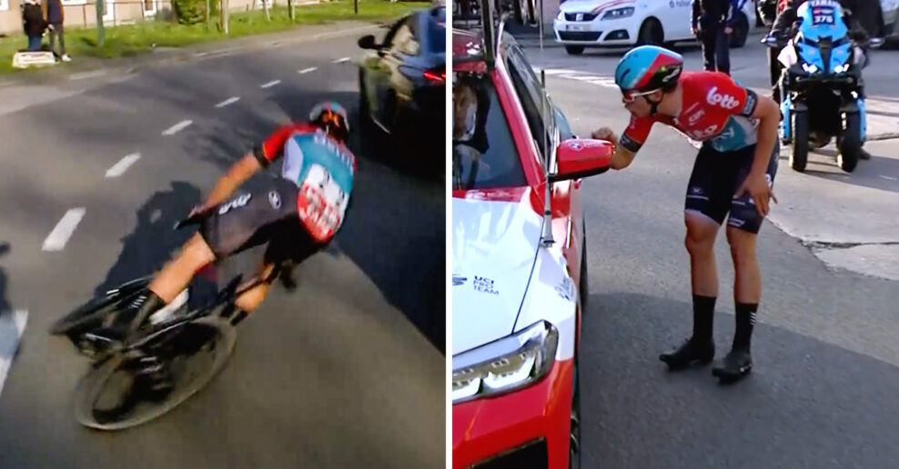 Video: Nahnevaný Arnaud De Lie viní sprievodné auto zo svojho pádu na pretekoch Le Samyn