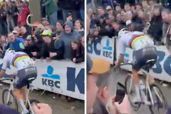 Video: Fan&uacute;&scaron;ikovia obliali pivom aj opľuli Mathieu van der Poela na monumente Okolo Fl&aacute;mska