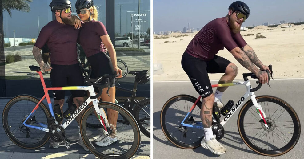 Video: Jake Paul bicykluje po Ab&uacute; Dab&iacute; na luxusnom Colnagu, ale s ploch&yacute;mi ped&aacute;lmi a v bežeck&yacute;ch tenisk&aacute;ch