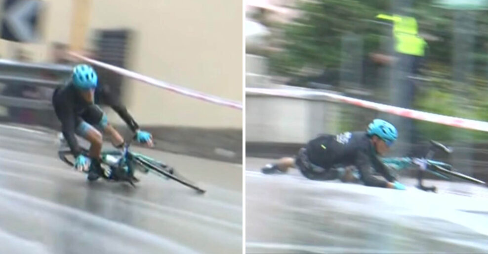 VIDEO ‎| Mokrá cesta spôsobila ďalší ťažký pád na Giro d’Italia. Martinelli skončil mimo cesty v hlbokej priekope