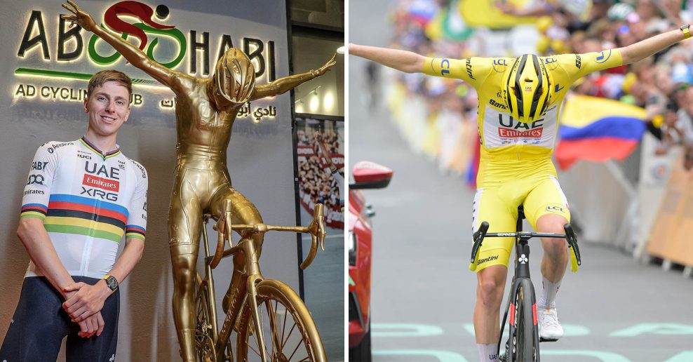 Tadejovi Pogačarovi postavili v Abu Zab&iacute; zlat&uacute; sochu