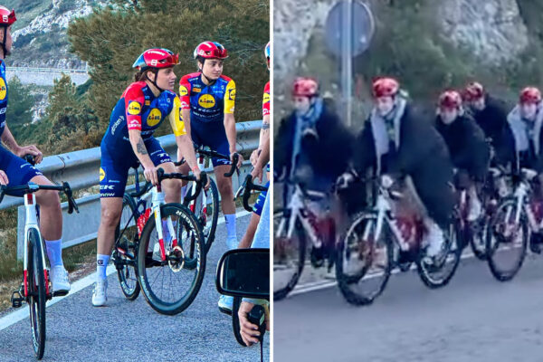 VIDEO | Tím Lidl-Trek sa snažil skryť nový dizajn dresov pod zimnými bundami. Nepomohlo