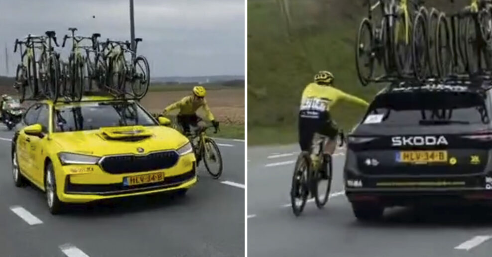 VIDEO | Axel Zingle sa počas E3 Saxo držal auta, rozhodcovia ho diskvalifikovali. &Scaron;&eacute;f t&iacute;mu Visma dostal žlt&uacute; kartu