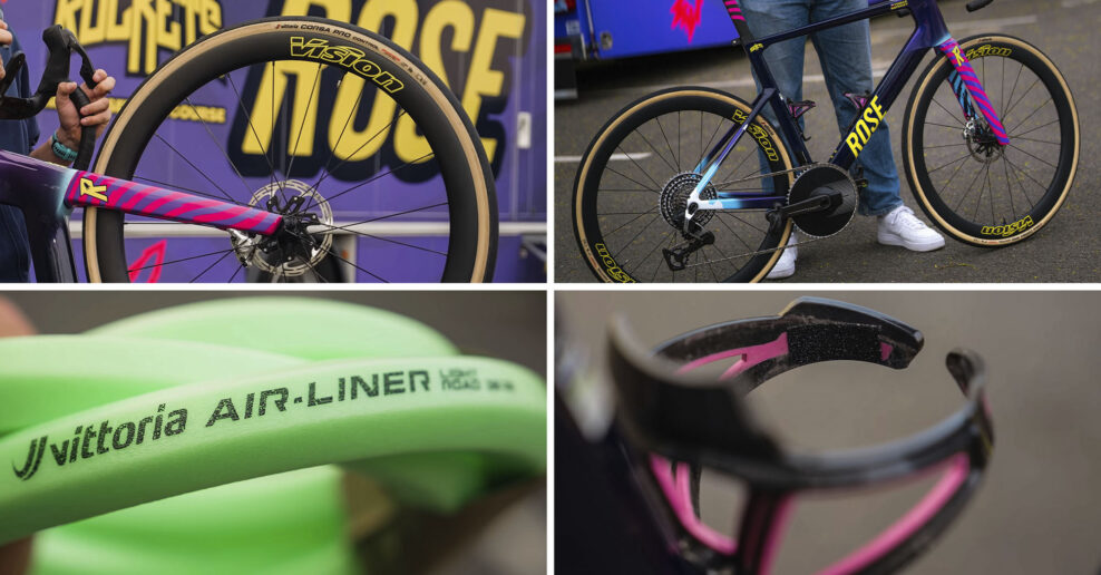 Vložky v pl&aacute;&scaron;ťoch a hlin&iacute;kov&eacute; &scaron;pice. Toto je &scaron;peci&aacute;lne upraven&yacute; bicykel Rose Shave t&iacute;mu Unibet pre Par&iacute;ž-Roubaix 2026