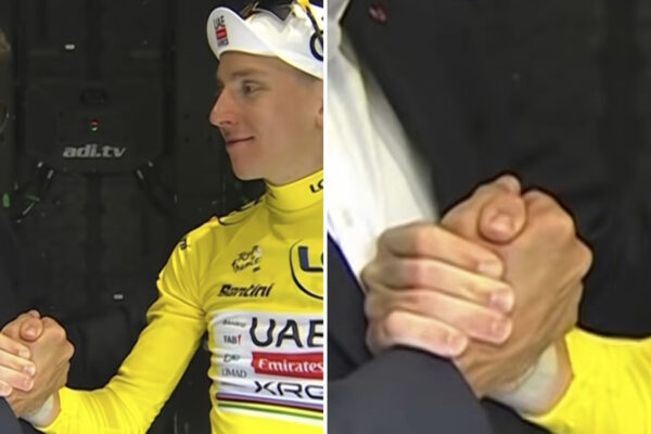 VIDEO | Austrálčania si uťahujú z Macrona. Pogačarovi po víťazstve na Tour de France držal ruku až 21 sekúnd
