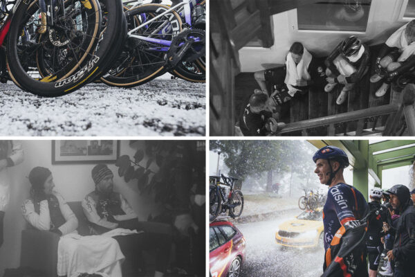 FOTOGALÉRIA | „Bolo to šialené, krúpy boli veľké a boleli aj cez prilbu.“ Ako sa jazdci na Vuelte ukryli pred búrkou v hoteli pri ceste