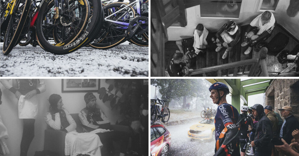  FOTOGALÉRIA | „Bolo to šialené, krúpy boli veľké a boleli aj cez prilbu.“ Ako sa jazdci na Vuelte ukryli pred búrkou v hoteli pri ceste